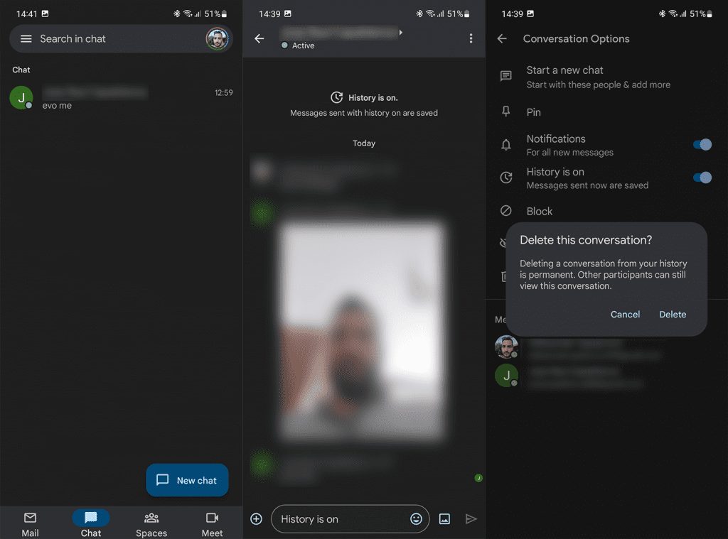 delete messages on hangouts