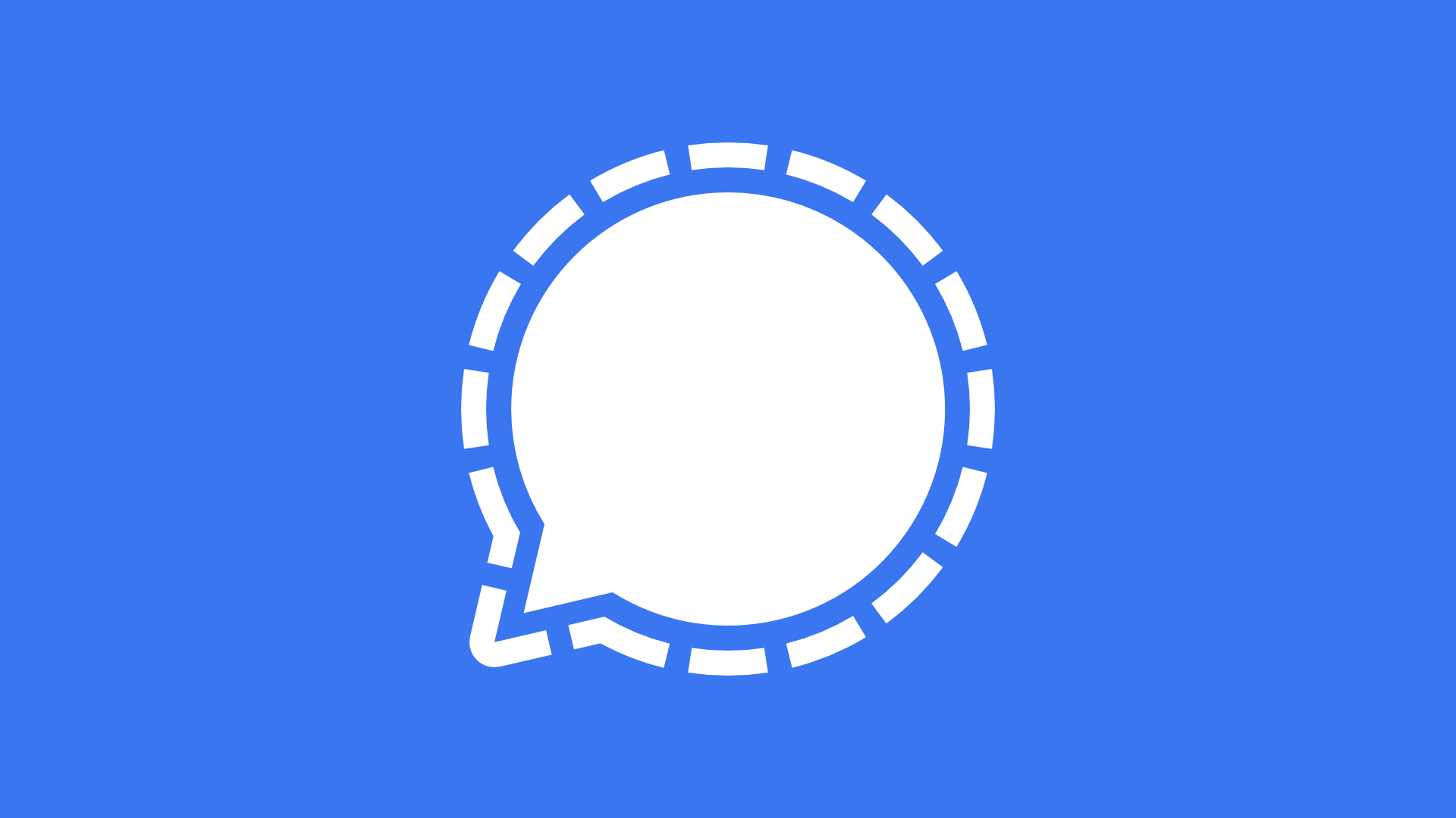Here are a few options for alt text, depending on your needs: Short / Standard: Signal messenger logo on a blue background. Descriptive: White Signal app icon featuring a speech bubble outlined with dashed lines, centered on a solid blue background.