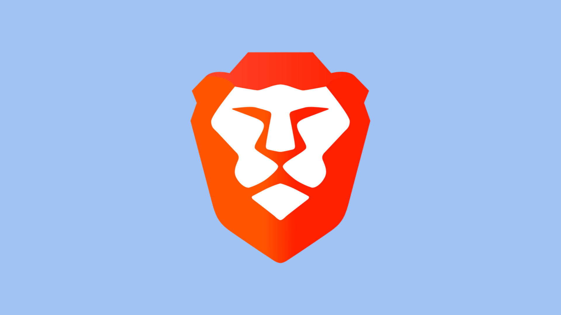 The orange and white lion shield logo of the Brave browser centered on a solid light blue backdrop