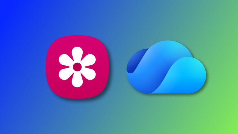 Samsung Gallery and Microsoft OneDrive displayed side-by-side against a blue and green gradient background.